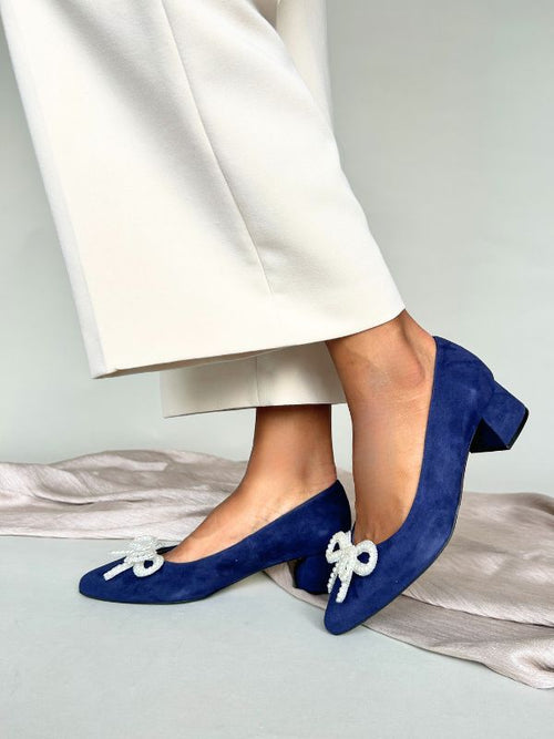 Tess Extra Wide Width Pumps with Pearl Bow - Navy Suede