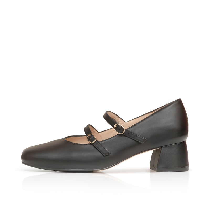 Mary Jane Extra Wide Width Block Heel Pumps - Black Leather