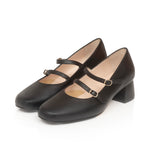 Mary Jane Extra Wide Width Block Heel Pumps - Black Leather