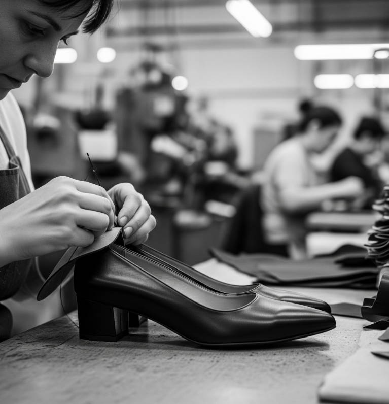 Person working on a shoe in a factory setting making Tori Wide Fit Court Shoes.