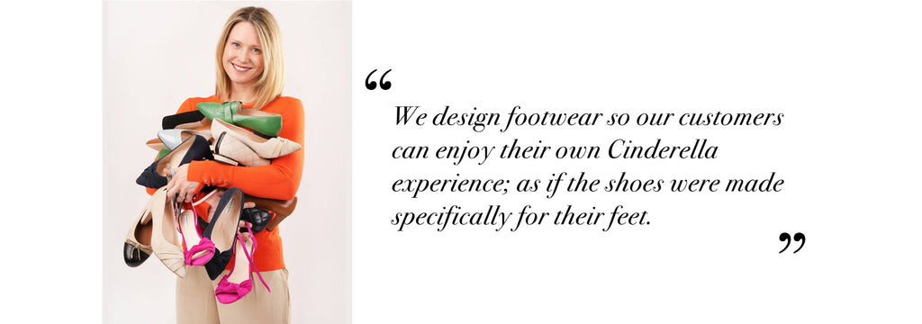 Image of Katie at Sargasso & Grey holding lots of shoes, next to a quote that says 'we design footwear so our customers can enjoy their own Cinderella experience; as if the shoes were made specificially for their feet'.