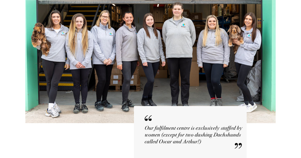 Image of 8 women at the Sargasso & Grey fulfilment centre, with a quote that says "our fulfilment centre is exclusively staffed by women."