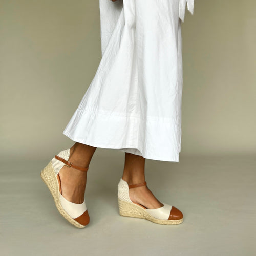 Emily - Wide WIdth Wedge Espadrilles - Bone and Tan Leather