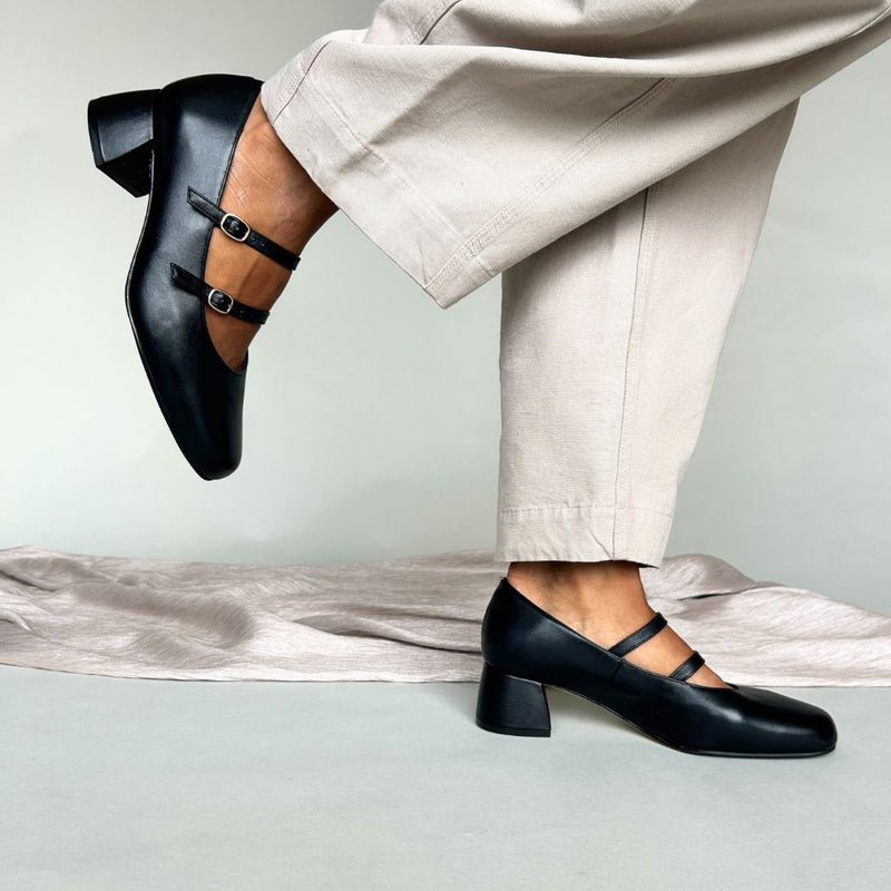Mary Jane Extra Wide Width Block Heel Pumps Black Leather