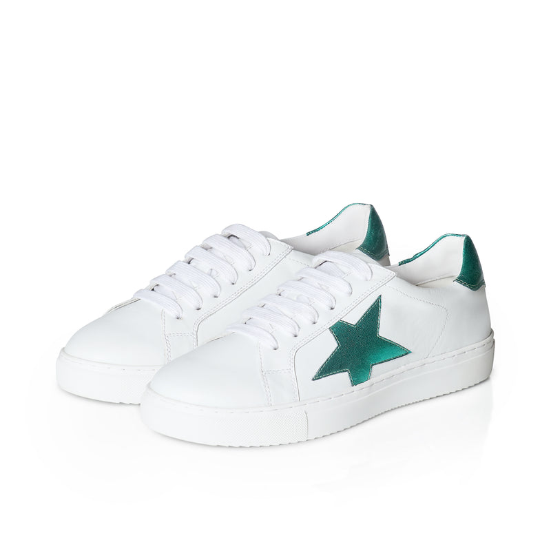 Ezi Wide Width Sneakers - White Leather with Green Star