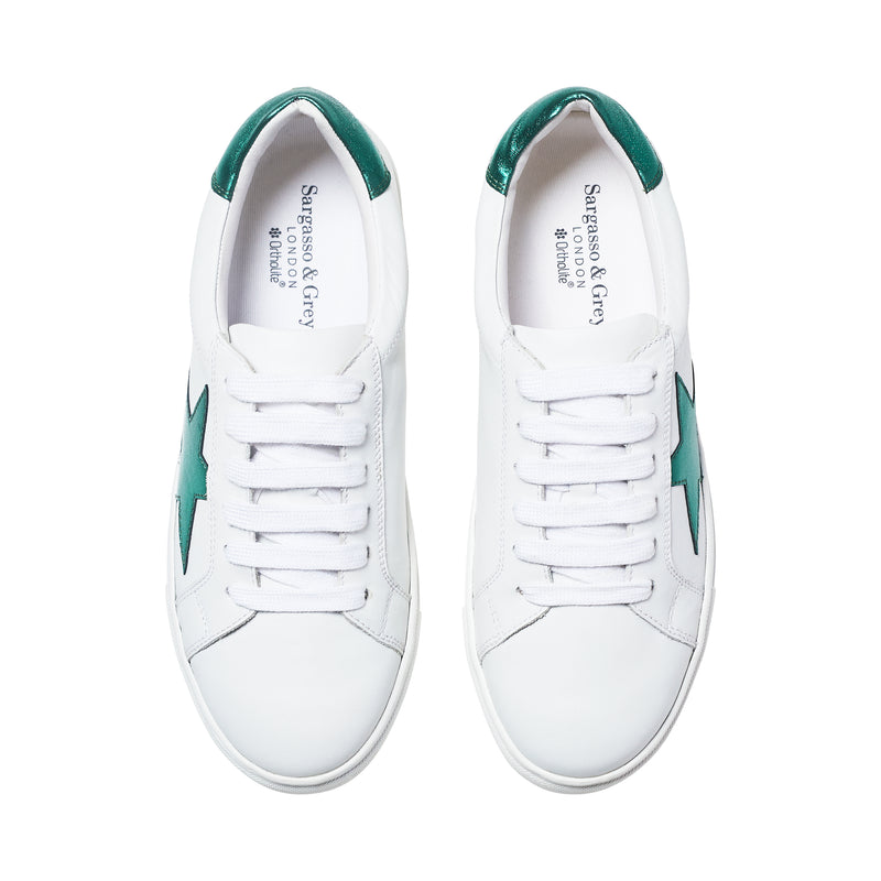 Ezi Wide Width Sneakers - White Leather with Green Star