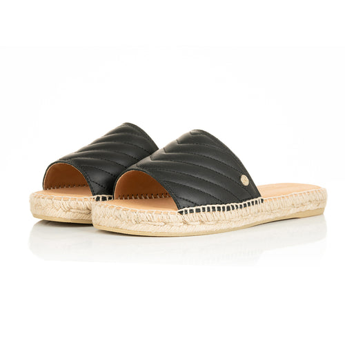 Sarah - Wide Width Espadrille Sliders - Black Quilted Leather