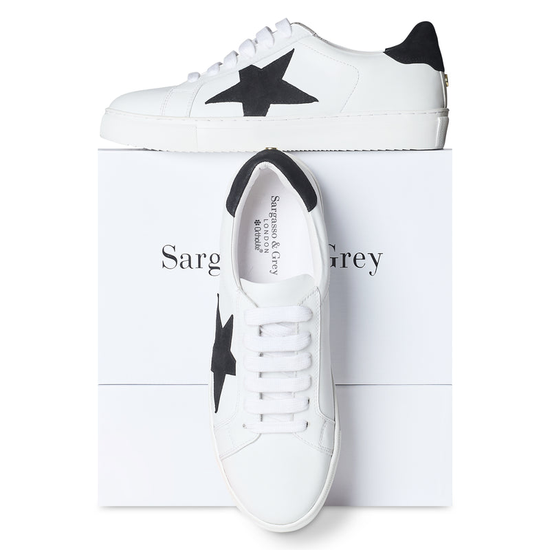 Ezi Wide Width Sneakers - White Leather with Black Star