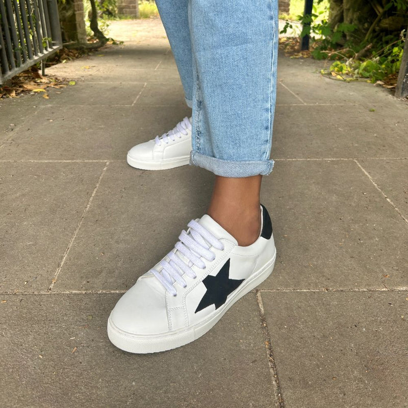 Ezi Wide Width Sneakers - White Leather with Black Star