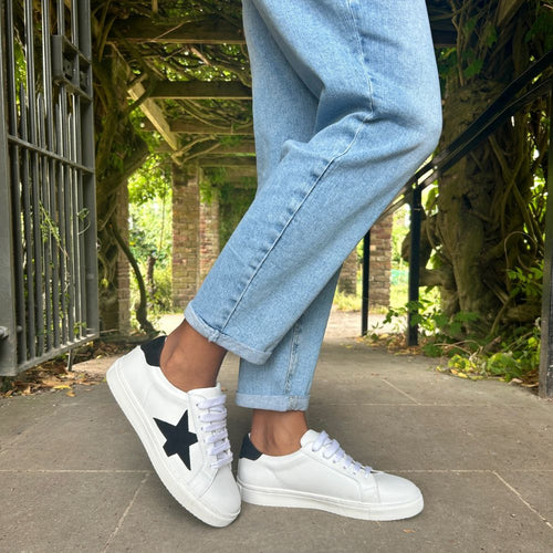 Ezi Wide Width Sneakers - White Leather with Black Star