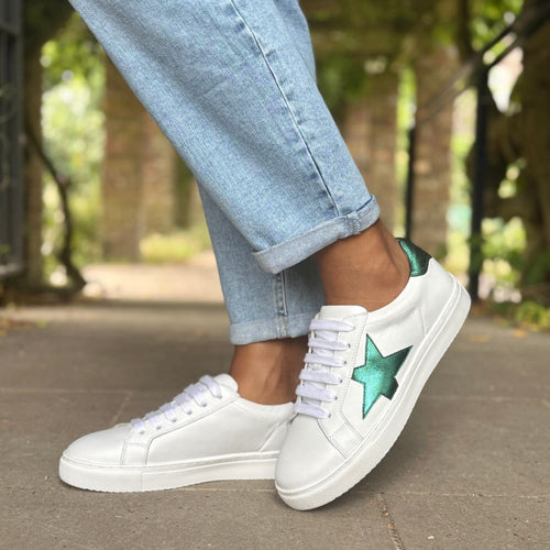 Ezi Wide Width Sneakers - White Leather with Green Star