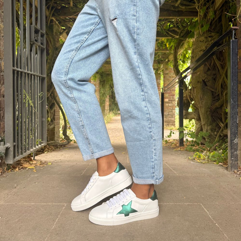 Ezi Wide Width Sneakers - White Leather with Green Star