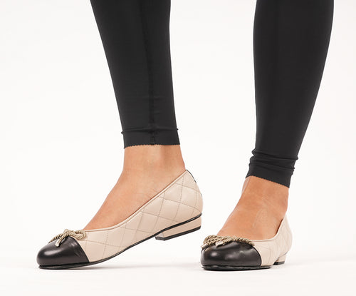 Alice Wide Width Ballet Flats - Black & Beige Quilted Leather