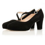 Claire Wide Width Platform Courts - Almond Toe - Black Suede - Side angle