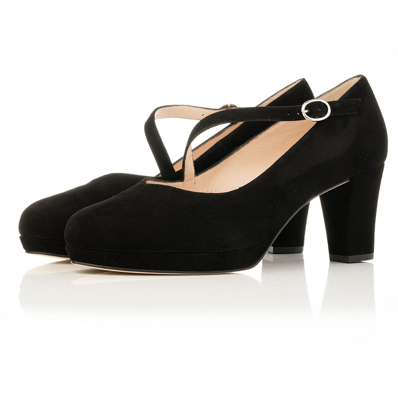 Claire Wide Width Platform Courts - Almond Toe - Black Suede - Side angle