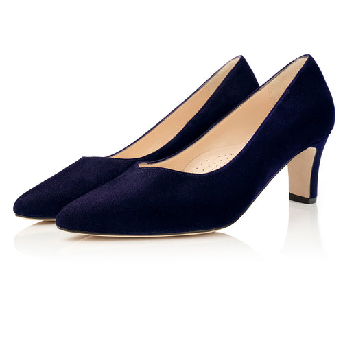 Helena Wide Width Court Shoe – Navy Suede - Angled perspective
