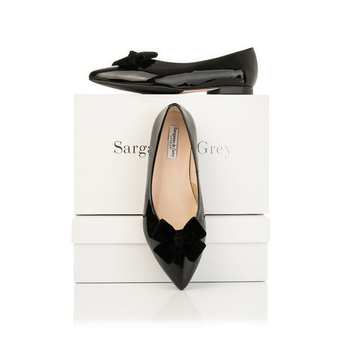 Laura Wide Width Ballet Flats With Bow - Black Patent - With Box