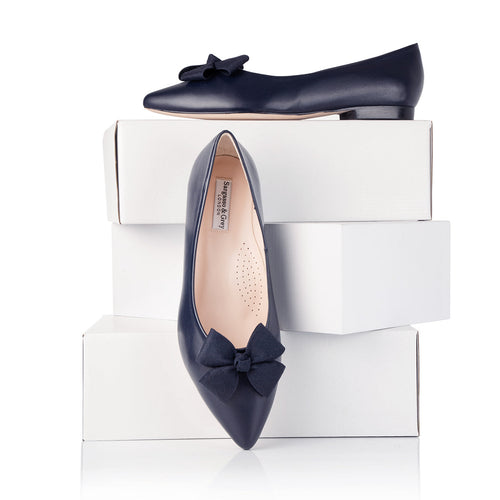Laura Wide Width Ballet Flats With Bow - Navy Leather - With boxes