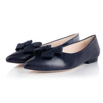 Laura Wide Width Ballet Flats With Bow - Navy Leather - Angled perspective