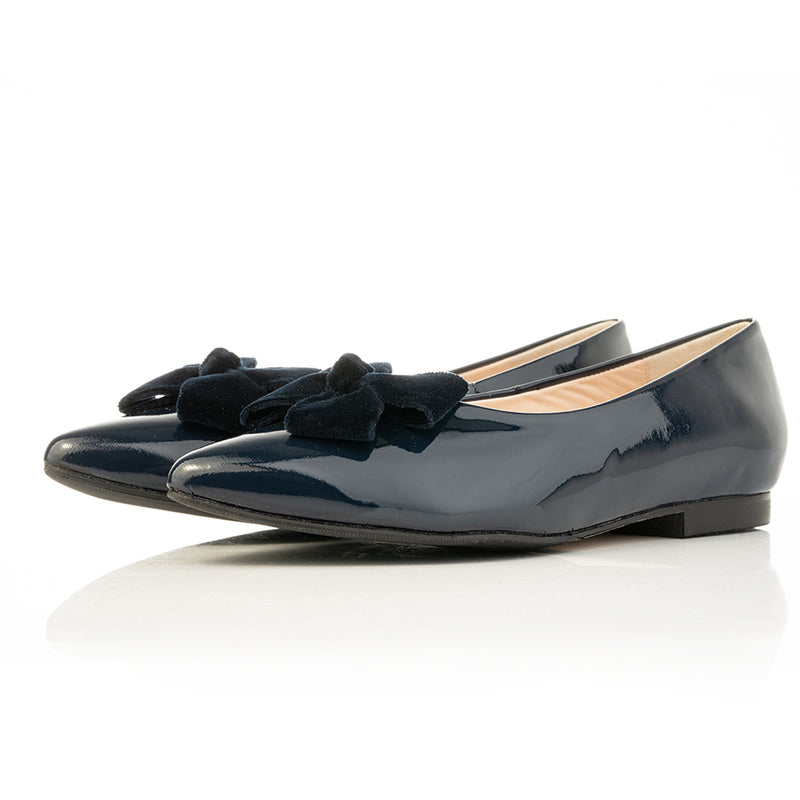 Laura Wide Width Ballet Flats With Bow - Navy Patent - Side angle