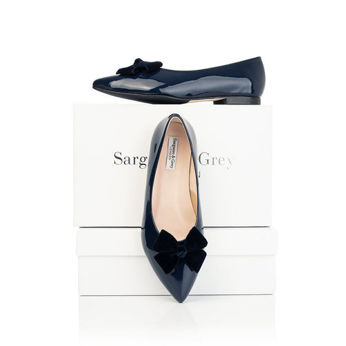 Laura Wide Width Ballet Flats With Bow - Navy Patent - With Box