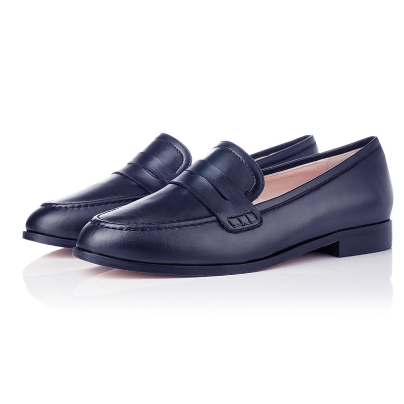 Sylvie Wide Width Loafers  - Navy Leather - Angled perspective
