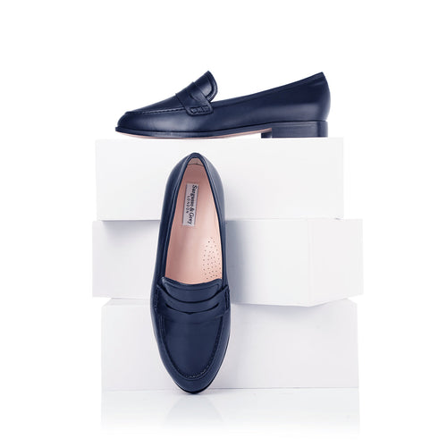 Sylvie Wide Width Loafers  - Navy Leather - With boxes