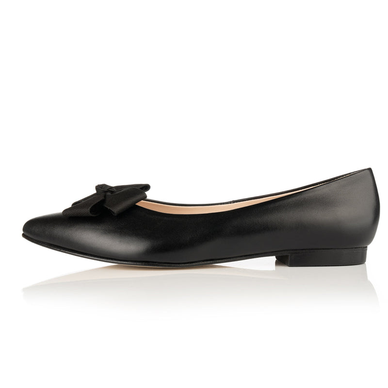 Laura Wide Width Ballet Flats With Bow - Black Leather - Side