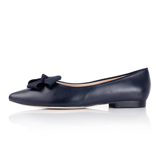 Laura Wide Width Ballet Flats With Bow - Navy Leather - Side