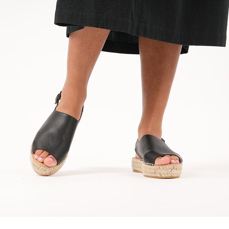 Bona - Wide Width Espadrille - Black Leather - Front view