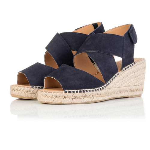 Ciara - Wide Width Wedge Sandal - Navy Suede - Angled perpsective